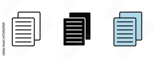 Set of pixel perfect colored Copy icon, 1 Silhouette, 1 Unexpanded, Copy icon showing overlapping documents for duplication of files.