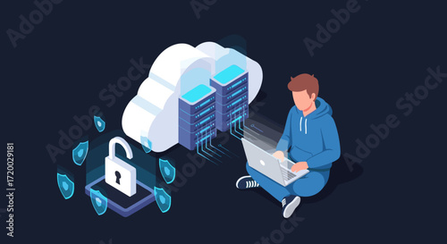 Flat isometric vector illustration of a cartoon figure using a laptop beside a large cloud server with padlock and floating shield icons on a dark navy background