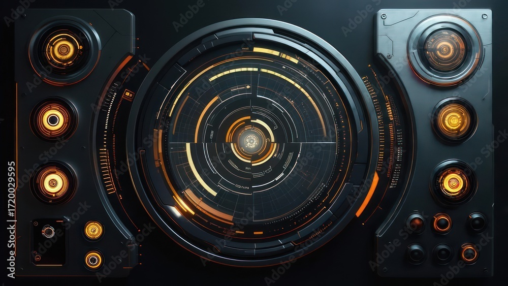 Fototapeta premium Futuristic UI panel with glowing elements for advanced technology concepts and sci-fi designs, perfect for innovative interfaces and modern dashboards