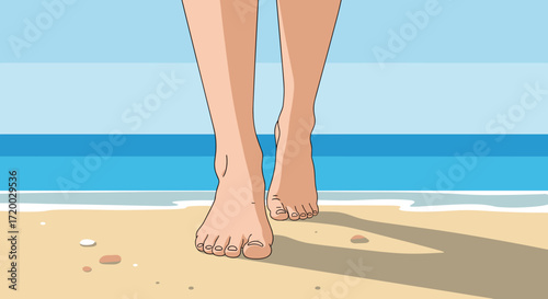 Flat vector illustration of a close-up of a woman’s feet walking on sandy beach with bright blue water background, minimal flat design and simple details