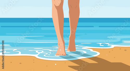 Flat vector illustration of a close-up of a woman’s feet walking on sandy beach with bright blue water background, minimal flat design and simple details