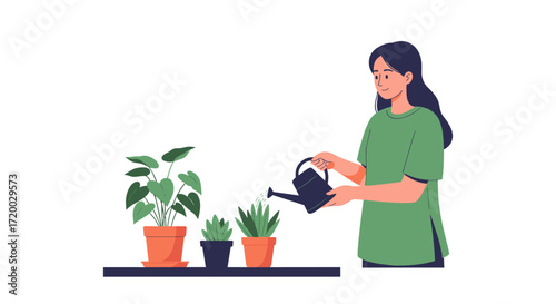 Flat vector illustration of a happy woman with black hair in ponytails watering plants in pots on a table, simple shapes and white background, cheerful home gardening concept
