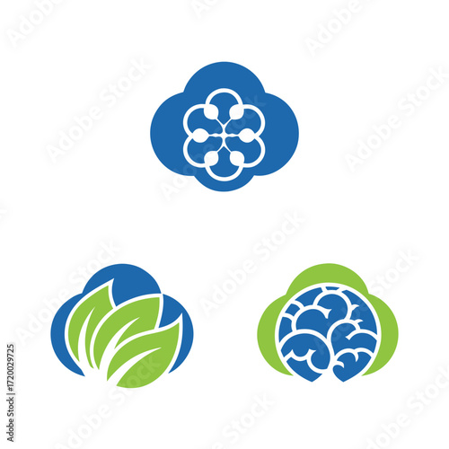 Three abstract cloud logos with blue and green colors and white outlines vector
