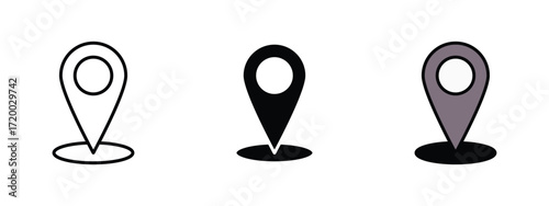 Set of pixel perfect colored Pin icon, 1 Silhouette, 1 Unexpanded, Pin icon representing location marker or saved item.
