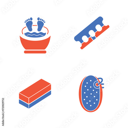 Four icons depicting foot care items, including a foot bath, foot rasp, foot file, and a foot scrubber.