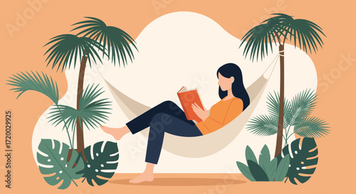Flat vector illustration of a woman relaxing in a hammock reading a book, surrounded by tropical plants with minimal design and pastel solid background