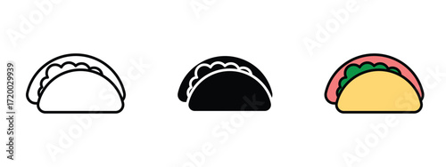 Set of pixel perfect colored Taco icon, 1 Silhouette, 1 Unexpanded, Taco icon symbolizing a Mexican food item with fillings.