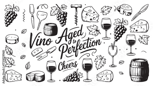 Wine and cheese pairing illustration featuring hand-drawn elements of grapes wine glasses cheese wedges and wine barrels representing culinary delight and sophisticated taste
