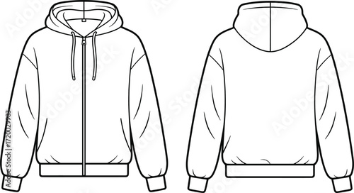 Hooded zip up jacket front back view, fashion apparel technical drawing, clothing design illustration, garment manufacturing sketch, sportswear hoodie template