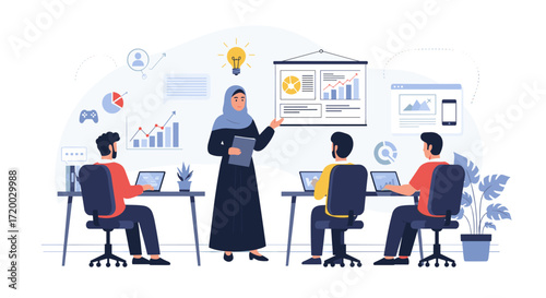 Flat vector illustration of an Arabic woman presenting business ideas to team members with charts, data, and lightbulb icons in minimal style on a white background