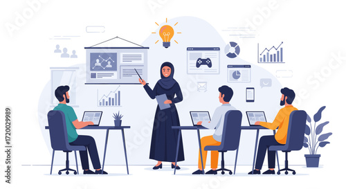 Flat vector illustration of an Arabic woman presenting business ideas to team members with charts, data, and lightbulb icons in minimal style on a white background