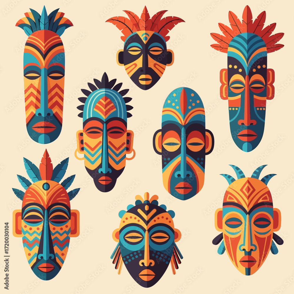 Naklejka premium Vibrant collection of tribal masks with stunning geometric patterns evoking ancient traditions and cultural heritage, perfect for artful designs