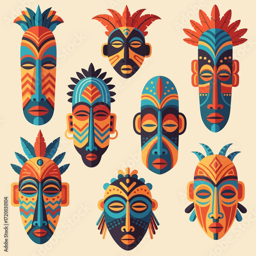 Vibrant collection of tribal masks with stunning geometric patterns evoking ancient traditions and cultural heritage, perfect for artful designs