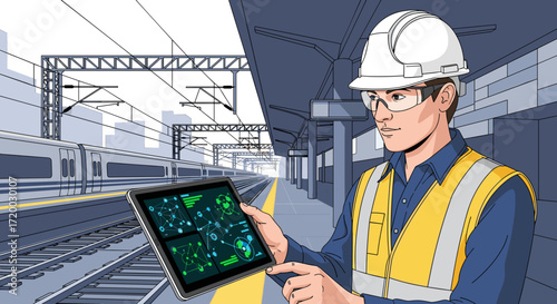Flat vector illustration of an engineer in safety vest and hard hat using a digital tablet to control modern train network with rail icons, railway station, and high-speed train in background