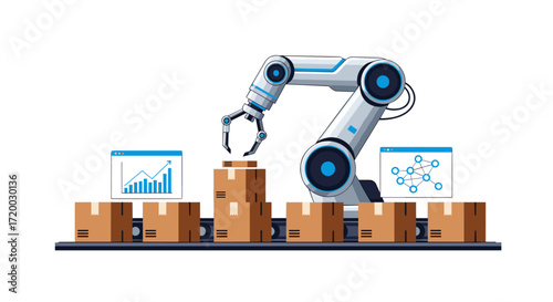 Flat vector illustration of an industrial robot arm holding boxes beside a conveyor belt, with digital screens and data icons, in modern technology and production design on white background