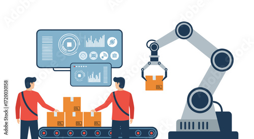 Flat vector illustration of an industrial robot arm holding boxes beside a conveyor belt, with digital screens and data icons, in modern technology and production design on white background