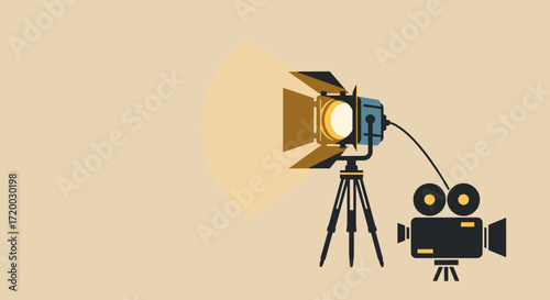 Flat vector illustration of an old vintage movie light on a tripod with yellow and orange lighting, minimalist retro design for film production and classic cinema theme