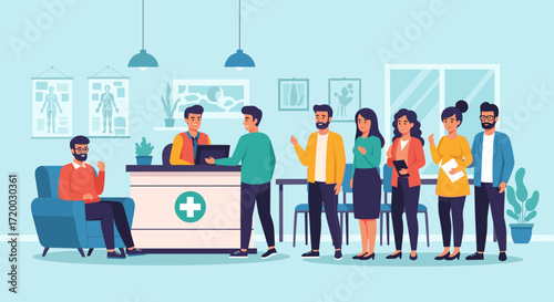 Flat Vector Illustration of People Waiting in Line at Doctor’s Office with Reception Desk, Chairs, and Anatomy Posters on Light Blue Background