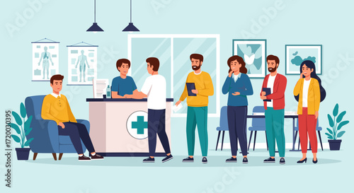 Flat Vector Illustration of People Waiting in Line at Doctor’s Office with Reception Desk, Chairs, and Anatomy Posters on Light Blue Background