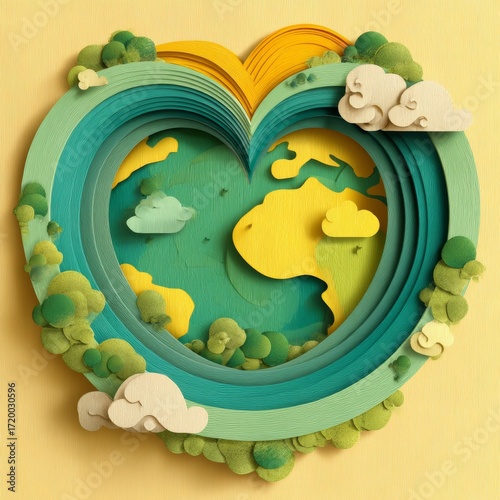 Heart Shape Paper Cut Artwork with Earth and Nature Elements in a Stylish Design