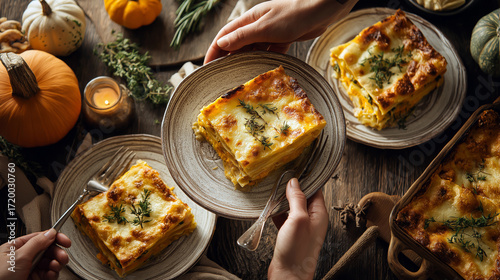 Hands serving pumpkin lasagna slices on rustic ceramic plates, family dinner concept.