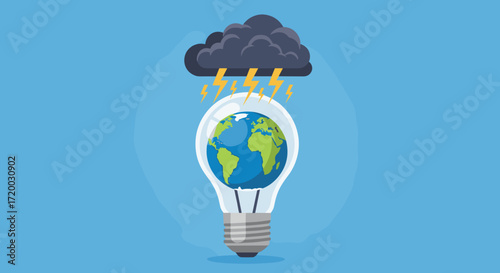 Lightbulb with Earth inside and thundercloud above, flat vector icon illustration on blue background, isolated eco energy concept design