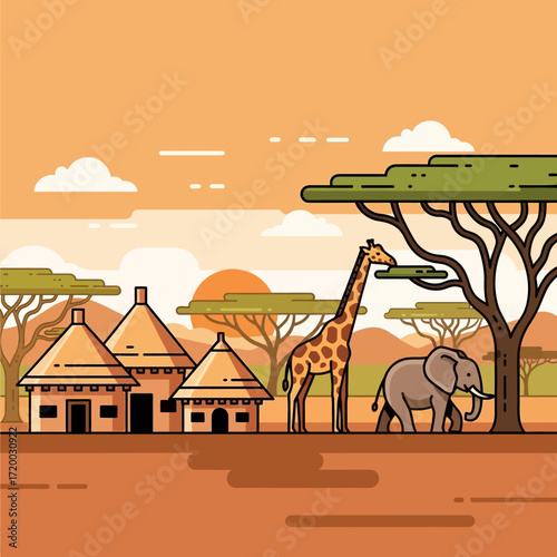 Experience the vibrant heart of Africa with this charming illustration showcasing iconic wildlife and traditional village life at sunset in warm hues