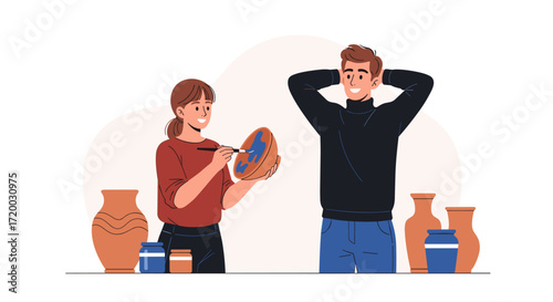 Minimal flat vector scene of couple painting pottery vases in art studio, joyful creative hobby with simple background