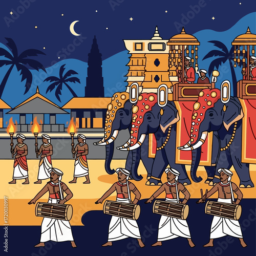 Experience the vibrant cultural festival with majestic elephants, drummers, and torchbearers under the moonlight, perfect for travel and cultural projects