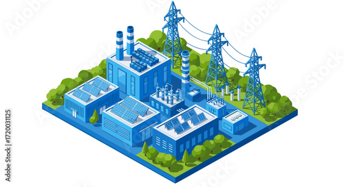 Renewable energy power station with solar panels and transmission towers, isometric flat vector illustration of industrial plant isolated on white background