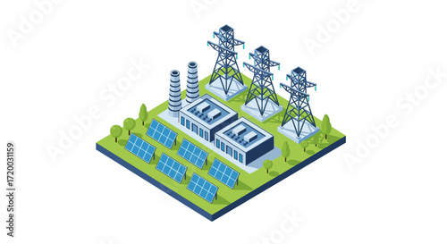 Renewable energy power station with solar panels and transmission towers, isometric flat vector illustration of industrial plant isolated on white background