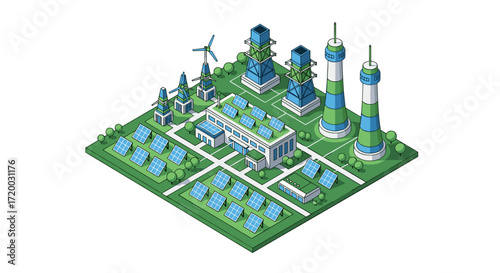 Renewable energy power station with solar panels and transmission towers, isometric flat vector illustration of industrial plant isolated on white background