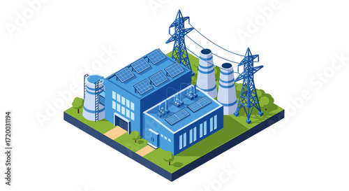 Renewable energy power station with solar panels and transmission towers, isometric flat vector illustration of industrial plant isolated on white background