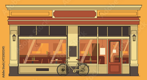 Flat vector illustration of an urban restaurant facade with large windows, awning, and bicycle parked in front, warm colors and simple lines on plain orange background, cozy flat design