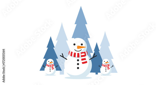 Cute flat vector illustration of a snowman and snow woman with Christmas trees on a bright blue background, cartoon winter holiday design with simple shapes, colorful hats, and minimal style