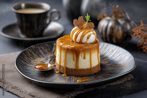 Elegant dessert composition with pumpkin cheesecake topped with caramel drizzle, served on a stylish plate.