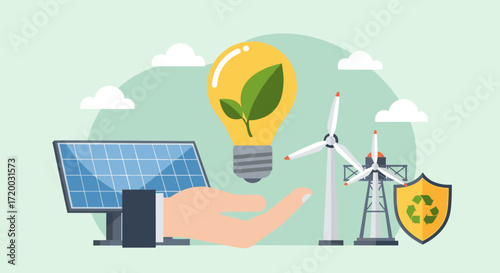 Flat vector illustration of a hand holding a light bulb with green leaf, solar panel and wind turbine in background, concept of clean energy, sustainability, and eco-friendly technology