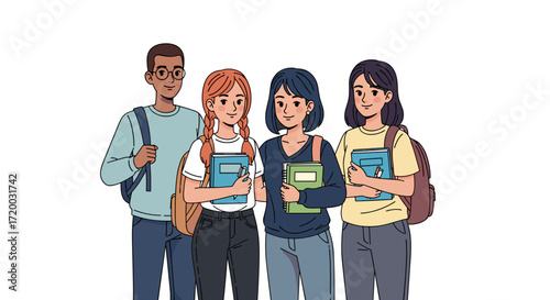 Vector Illustration of Diverse Students Holding Books and Notes with Backpacks in Flat Minimal Design on White Background