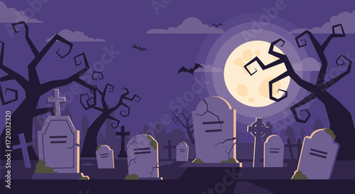 Minimal graveyard scene with crosses and moonlight on a purple backdrop, flat vector cartoon illustration in simple shapes and cute Halloween design style, spooky seasonal clipart