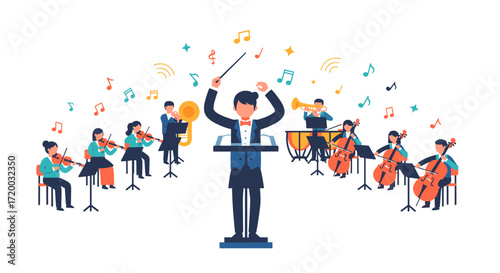 Orchestra Conductor Leading Symphony with Musicians Playing Instruments – Flat Vector Illustration on White Background for Music Concept Design