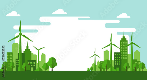Surreal flat vector illustration of eco green city with wind turbines and trees, sustainable urban landscape design on light blue background