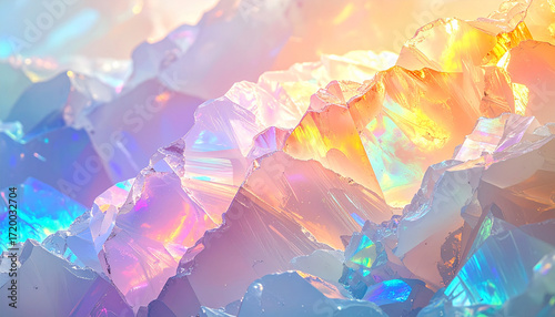 Abstract background of opal gemstone light refraction, soft pastel rainbow layers with iridescent highlights, luxurious and ethereal crystal-inspired pattern. No people, no text, no watermark.