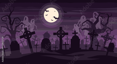 Minimal graveyard scene with crosses and moonlight on a purple backdrop, flat vector cartoon illustration in simple shapes and cute Halloween design style, spooky seasonal clipart