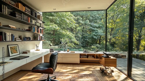 Modern home office with forest view