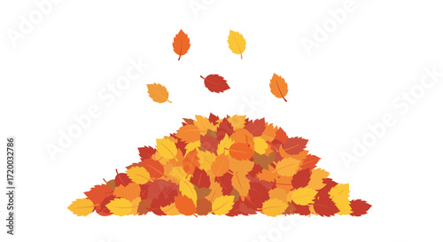 Flat vector illustration of autumn leaves pile with falling leaves, simple gradients and sharp edges on white background, perfect seasonal icon design for fall, nature, and decorative clipart themes