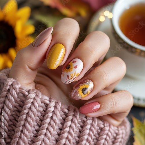 Closeup of womans hand with autumnthemed nail art and a cup of tea