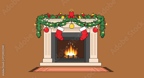 Flat vector illustration of elegant fireplace with Christmas decorations, cozy retro winter scene in minimalist style, brown background, warm lighting, and cute Christmas trees in vintage design