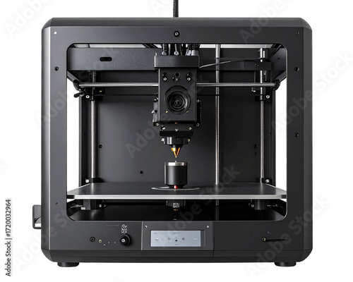 A realistic black 3D printer shown from the front, with a visible printing nozzle and 