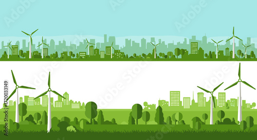 Surreal flat vector illustration of eco green city with wind turbines and trees, sustainable urban landscape design on light blue background
