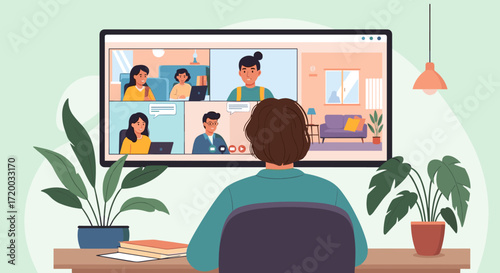 Vector design of remote worker at desk in virtual meeting with multiple people on monitor, pastel background and cozy details, perfect for digital workplace, teamwork, and online connection themes